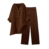 Co Ord Sets für Damen, Baumwolle, Loungewear, Loungewear, Tops, Hosen, Sweatsuit, Oberteil, Blusen, Freizeit, zweiteilig, Strand, lässig, 2-teilig, aktive Button-Down-Kleidung, coffee, 5XL