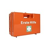 First Aid Products Erste Hilfe Koffer SMALL – DIN 13157:2021 Füllung – orange, ABS-Kunststoff, bruchsicher & schlagfest – Wandhalterung & Schrauben – Büro, Betrieb & Haushalt
