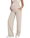 G4Free Umstandshose Damen Hohe Taille Yogahose mit Taschen Weites Bein Umstandsmode für Schwangere Lang Freizeithose Stretch Lose Gerade Hose(Helles Khaki,M,30')