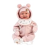 Llorens 1018480 Babypuppe Tala, mit braunen Augen und weichem Körper, Baby Puppe inkl. flauschigem rosa Winter-Outfit, Schnuller, Schnullerkette, 44 cm