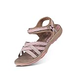 GRITION Frauen Wandern Sandalen, Damen Outdoor Sport Wasser Schuhe Sommer Flach Cross-Tied Beach Sandalen Open Toe Verstellbare klettverschluss Walking Schuhe Schwarz (EU 39, Beige/Pink)