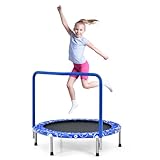 KOMFOTTEU Kinder Mini Trampolin φ92cm, Kindertrampolin Faltbar, Fitness Trampolin mit Haltegriff & Sicherheitsabdeckung, Gartentrampolin bis 150kg, Jumping Trampolin Indoor & Outdoor (Blau)