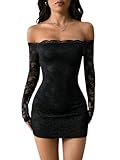 SweatyRocks Spitzenkleid Damen Elegant Langarm Minikleid Gothic Kleid Sexy Off Shoulder Kleid Mit Spitze Partykleid Festival Outfit Schwarz M