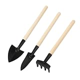 Mini Gartengeräte 3er Set Sukkulenten Werkzeuge Holzgriff Rechen, Gabel und Schaufel, Garten Hand Umpflanzen Gartenwerkzeuge Set für Setzlinge, Bonsai, Sukkulenten, Kräuter, Terrarien und Pflanzen