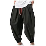 Baggy Haremshose Herren Sommer Leinenhose Leichte Sommerhose Weite Pumphose Pluderhose Aladinhose mit Kordelzug Elastischer Taille Japanische Freizeithose für Männer Junge Y2K Hippie Hose Streetwear