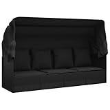 vidaXL Outdoor Loungebett, Verstellbar Gartensofa mit Kissen Dach, Sonnenliege mit Stahlrahmen, Relaxliege Lounge Sofa, Schwarz Poly Rattan