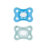 MAM Comfort Schnuller im 2er-Set, besonders kleiner und leichter Baby Schnuller für Neugeborene & Babys aus 100% Silikon, mit weichem MAM SkinSoft Saugteil & Schnullerbox, 3-12 Monate, blau