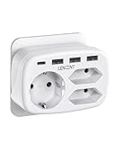 LENCENT USB Steckdose 7 in 1 Mehrfachsteckdose Steckdosenadapter, 3 Fach Doppel Euro und 1 Schuko Mehrfachstecker mit 3 USB und USB-C Anschluss, Doppelstecker für Wand Steckdose, Polykarbonat