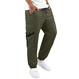 Lässige Cargohose für Herren, einfarbig, schmale Oberschenkel, weite, Vordertaschen mit Reißverschluss, Bund mit Kordelzug, verstellbarer Bund, Grün, L