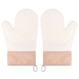 Ofenhandschuhe Hitzebestaendig,2PCS Topflappen, Ofenhandschuhe eine Silikon Anti- Rutsch Oberfläche,die Innenseite ist aus Baumwolle,Beige Handschuhe der Küche