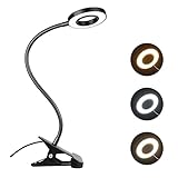 Akynite Bettlampe Klemmleuchte USB, Leselampe Dimmbar mit Schalter, 3 Farbwechsel, 48 LED Klemmlampe mit Schwanenhals und Kabel, Leselampe Bett Klemmbar, Makeup Light, Schwarz