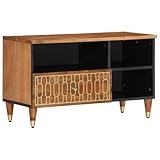 Youuihom TV Schrank 80x33x46 cm aus massiver Mangoholz Lowboard mit Retro Muster in honigbraun, Fernsehtisch mit stabilen Eisenbeinen, geräumiges Sideboard fürs Wohnzimmer