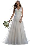 JAEDEN V-Ausschnitt Brautkleider Damen Braut Standesamtkleider Lang Tüll Hochzeitskleider A-Linie Elfenbein 44