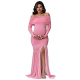 ZUJIABAO Elegantes, schulterfreies Umstandskleid, mit langen Ärmeln, atmungsaktives Polyester-Tuch, dehnbar für Schwangerschaft, Komfort, modisches Schwangerschaftskleid, B, S