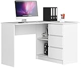 AKORD Eck-Schreibtisch B-16 mit 3 Schubladen und 2 Ablagen | Schreibtisch | ecktisch | Eck Schreibtisch für Home Office | Einfache Montage | B124 x H77 x T85, 48 kg | Weiß