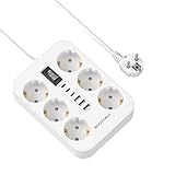 Steckdosenleiste 6-Fach mit USB (3 USB-A 3 USB-C) Mehrfachsteckdose Wandmontage, Steckdose mit Schalter und 2M Verlängerungskabel Überspannungsschutz Steckdose, Weiß