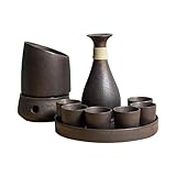 BOSHYUM Japanisches Sake-Set aus Keramik mit Wärmer und Tablett, Japanisches Sake-Set aus Keramik, heißes Saki-Getränk, traditionelles Retro-Porzellanhandwerk, Restaurant-Sake-Tasse, Geschenk, braun