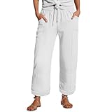Musselin Hose Damen Musselin Hose 2025 Sommer Leinen Beach Hosen Mit Taschen Sommerhose Leicht Stoffhose Kleid Stretch Gerades Bein Kordelzug Leinenhose Sommerhose Damen Leicht 7/8
