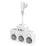 Journeyside Steckdosenleiste 3-Fach,Steckdose Erweiterungen, Steckerleiste Steckdosenadapter mit 3USB &1Typ-C Ports,16A/3680W mit 3 unabhängigen Schaltern,Mehrfachsteckdose für Büro Hause