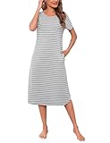 Litherday Nachthemd Damen Lang Nachtwäsche Streifen Nachtkleid aus 95% Baumwolle Loungewear Negligee Kurzarm Sleepshirt mit 2 Tasche, Hellgrau+weiß, L