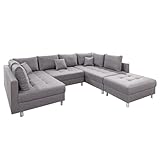 Riess Ambiente Moderne XXL Ecksofa Kent 303cm grau Federkern inkl. Hocker und Kissen Sofa Couch Wohnlandschaft