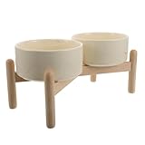 COLLBATH Erhöhter Keramik Doppelnapf mit Rutschfestem Holzständer 850 ml für Kleine Hunde und Katzen Futternapf und Wassernapf Satz 15,5cm Hoher Napfhalter für Gelenkschonende Fütterung