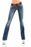 Damen Bootcut Jeans Hose Schlag Schlaghose Denim Stretch Gürtel XS-XL (DE/NL/SE/PL, Alphanumerisch, S, Regular, Regular, Dunkelblau-W385)
