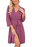 PrinStory Bademantel Damen Weich Morgenmantel Kimono V-Ausschnitt Reisebademantel Leicht Nachtwäsche Kurz Saunamantel (Lila Rot, L)
