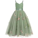 FYMNSI Blumenm?dchen Kleid Kinder M?dchen Tr?ger V-Ausschnitt ?rmellos Geburtstag Partykleid Prinzessin T?llkleid Maxikleid Hochzeit Brautjungfer Festkleid Langes Abendkleider Gr?n 10 Jahre