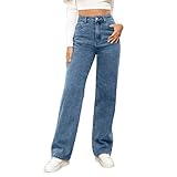 Baggy Jeans Damen Regular Slim Fit Straight Baggy Weites Bein zerrissene Jeans mit Löchern Straight Weite Jeanshose Mädchen Breites Bein Locker Ausgefranstem Beinabschluss Barrel Hose Frauen