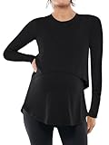 Damen Umstands-Still-Top, lässig, langärmelig, doppellagig, Still-Shirt, Schwangerschaftskleidung, Schwarz, Groß