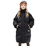 linboo Mädchen Winterjacke mit Kapuze Parka Baumwolljacke Lange Wintermantel Warme Winddichtes Winterparka Puffer Daunenjacke, Schwarz, 146-152(Herstellersgröße: 150)