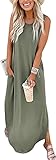 Cuptacc Maxikleid Damen Sommer Maxi Boho Kleider mit Taschen Tie Dye Strandkleid Lang Armeegrün,XL 46