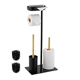 Relaxdays WC Garnitur, Bambus, HBT: 66,5x30x20 cm, freistehender Klopapierhalter, Ablage, Toilettenbürste, schwarz/Natur