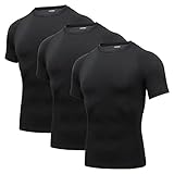 AMZSPORT Herren Kompressionsshirt Kurzarm Funktionsshirts Cool Dry Training Running Top, 3Schwarz-L