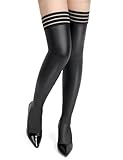 ohyeahlady Halterlose Strümpfe für Damen Curvy PU Leder Stocking Overknee Strümpfe Sexy Oberschenkel Strapsstrümpfe Große Größen Thigh Highs Elastizität mit Meshbund Schwarz L-XXL