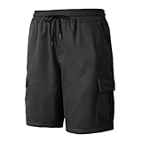 Lässige Herren-Shorts, locker, einfarbig, mit Taschen, Cargo-Shorts mit Kordelzug, Schwarz , M