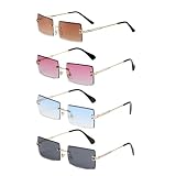 EUPSIIU 4 Paar Retro Sonnenbrille Randlose Mode Rechteck Sunglasses für Damen Herren Ultra-Small Frame Brille 80er Vintage Durchsichtige Linse Rahmenlose Rimless Sonnenbrille