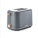 Tower Scandi T20027G Toaster mit verstellbarem Bräunungssteuerung, 7 Toastfunktionen, Abbrechen, Auftauen und Aufwärmen, stilvolles skandinavisches Design, 800 W, Grau mit Holzakzenten