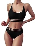 TOMEEK Damen Bikini Set mit Mesh Zweiteilig Badeanzug push up Gepolstert High Cut Sport Bademode Hohe Taille Bikinis für Frauen(Schwarz,L)