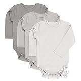 LaLoona Baby Body Langarm 3er Pack - Langarmbody Set aus Baumwolle, Bodies mit Knöpfen für Jungen und Mädchen, OEKO-TEX® Standard 100 geprüft - Natur - 98