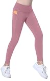 AIEOE--Mädchen Leggings Lang Yogahose Kinder Sporthosen Laufhose Trainninghose Fitness Gymnastik Hosen High Waist Hose Elastisch Pants mit Taschen 130cm Rosa-1