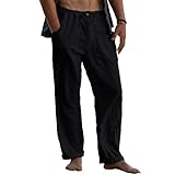 Puimentiua Leinenhose Herren,Lang Leichte Sommerhose,Loose Fit Sommer Leinen Hose,Baumwollehosen mit Tunnelzug und Reißverschluss (Schwarz,L)