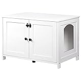 HOOBRO Katzenschrank, Katzenklo Schrank, Katzenhaus mit Tür und separater Trennwand, Sitzbank, Katzenstreu-Aufbewahrungsbox, 78,5 x 44,5 x 46 cm, Weiß EWT03MW01G2