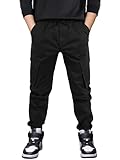 CAMLAKEE Kinder Jogger Hose Jungen Cargohose Stretch Cargo Freizeithose Jungs Outdoorhose mit Kontrast Elastischem Bund, Gerippter Saum Schwarzes DE: 164-170 (Herstellergröße 170)