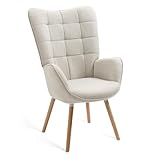 MEUBLE COSY Sessel Relaxsessel Lehnstühle Polstersessel Einzelsofa mit Holzbein Ohrensessel für Wohnzimmer Schlafzimmer Büro Vanity, Stoff, Beige