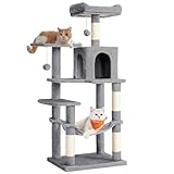 Feandrea Kratzbaum, 143 cm hoch, Katzenbaum, mehrstöckiges Katzenhaus, mit 4 Kratzsäulen, 2 Plattformen, Hängematte, Höhle, hellgrau PCT161W01