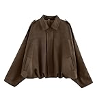 Bnigung Damen-Bomberjacke aus Wildlederimitat, lässiger Revers, Pilotenmantel, übergroße Motorradjacken, Oberbekleidung für 2025, Braun, Mittel