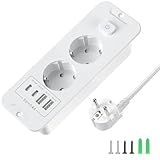 Tischplatte Versenkbare Steckdose mit 2 USB A & 2 Type C, Einbausteckdose Steckdosenleiste 2 Fach mit 2m Verlängerungskabel, Tischsteckdose Doppelstecker mit Schalter für Tischplatte - Weiß