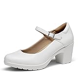 DREAM PAIRS Dame Mary Janes Pumps Chunky High Heel Kleid Schuhe Knöchel Schnalle Runde Kappe Pumpen, dicker Absatz Pumps für Damen Weiß SDPU2231W-E Größe 39 (EUR)